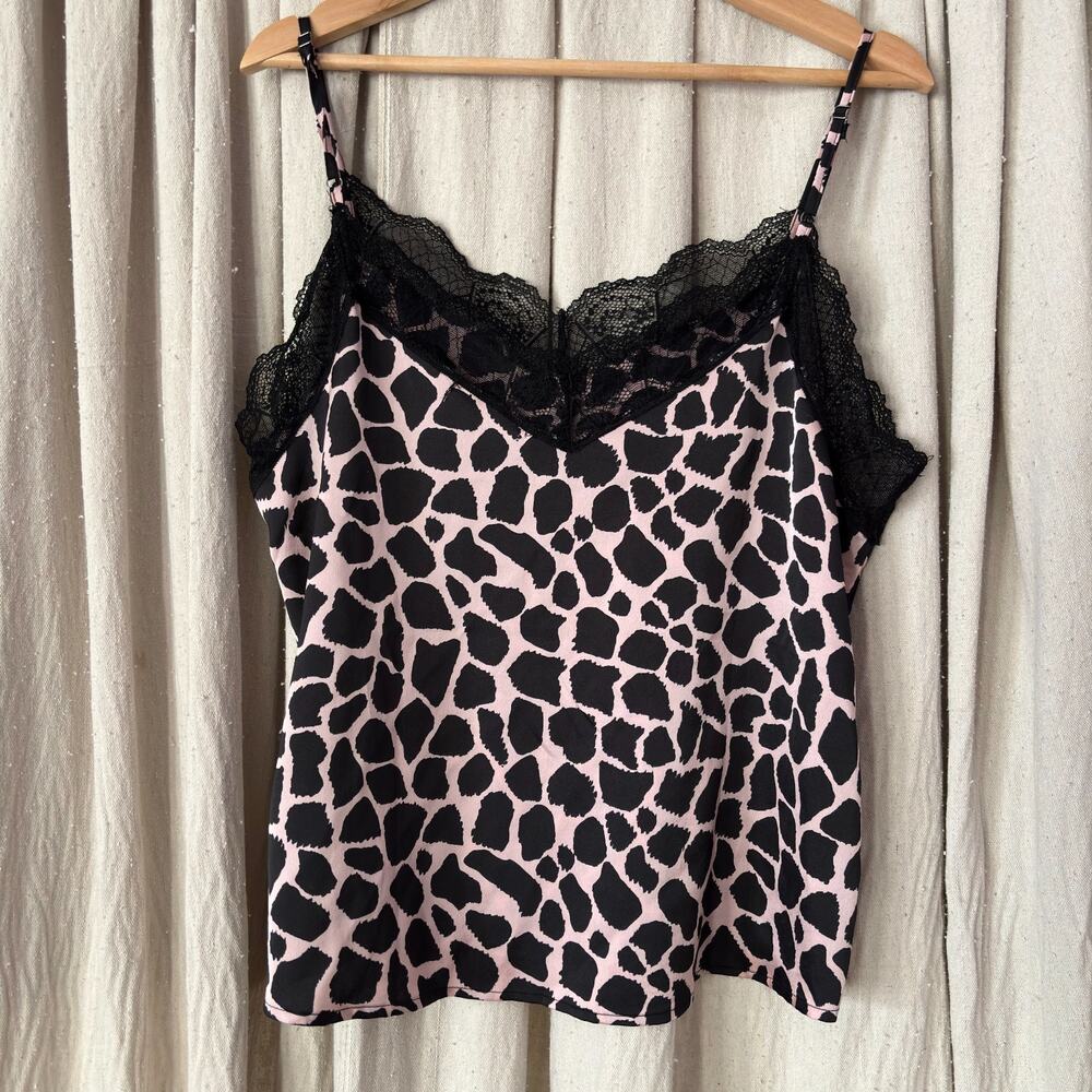 Pink + Black Cheetah Print Satin‎ Camisole Tank Black Lace Whimsigoth Y2k LARGE